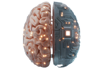 3D Human Brain Integrated with Circuit Board, Front View, AI Concept