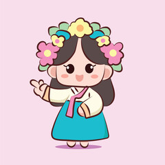 Adorable Cartoon Girl Wearing Traditional Korean Dress vector design