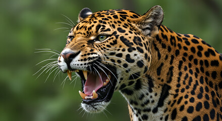 Obraz premium Jaguar roaring with mouth wide open, showing sharp fangs and wild power in its natural habitat