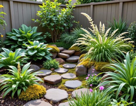a backyard meditation area with ferns, moss, aromatic herbs, and ornamental grasses arranged to create gentle textures, natural shades, and tranquil serene environment