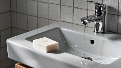 Fototapeta premium A clean and minimalist bathroom scene, the image showcases a pristine white sink with a faucet dispensing fresh water, alongside a bar of soap, symbolizing hygiene and cleanliness. 