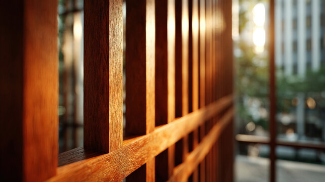 closeup view of modern wooden building facades illuminated by evening light highlighting natural textures