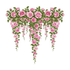 Cascading Pink Roses and Greenery Decorative Floral Arrangement Beautiful Elegant Design Ideal for Wedding Decor © subirpaul