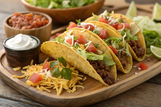 A mouthwatering plate of seasoned tacos with fresh toppings and sides.