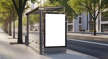 Blank Bus Stop Advertising Mockup on a Sunny Day in a Green City Avenue