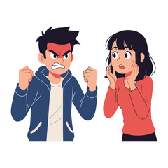 Discord in Discourse: A tense confrontation, a male figure, his face flushed with rage and fists clenched in anger, faces off against a female, her expression etched with concern and fear.
