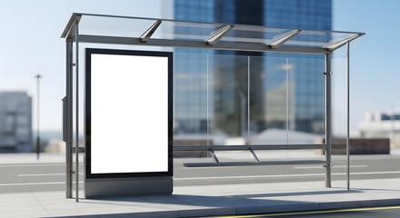 Modern Bus Stop Shelter with Empty Advertisement Screen in a Sunny Urban Setting