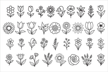 Collection of Simple Line Art Floral Illustrations: Tulips, Daisies, Roses, and More.