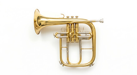 Obraz premium A golden flugelhorn lies on a white background with its valves and mouthpiece clearly visible to viewer ai generated