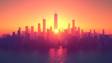 Fototapeta premium Cityscape sunrise, Manhattan skyline, vibrant sunset, urban scene, travel background