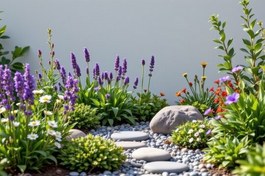 a zen inspired garden with aromatic herbs like chamomile, thyme, and lavender producing gentle sensory stimulation and subtle visual textures for calming meditation