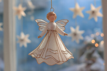 stunning white christmas angel is beautifully highlighted in stained glass window surrounded by bright stars in