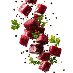 Elegant Goose Meat Cubes Dropping with Scattered Parsley and Pepper