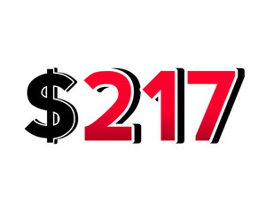 Bold red number $217 with a black dollar sign in a 3D style, featuring white and black outlines, creating a shadow effect on a white background.
