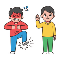 Anger and Peace: Illustration of two figures, one engulfed in anger stomping a foot, the other embodying tranquility.