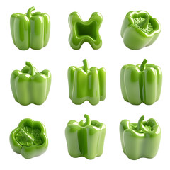 Fresh Green Bell Peppers in Various Positions Isolated on White Background