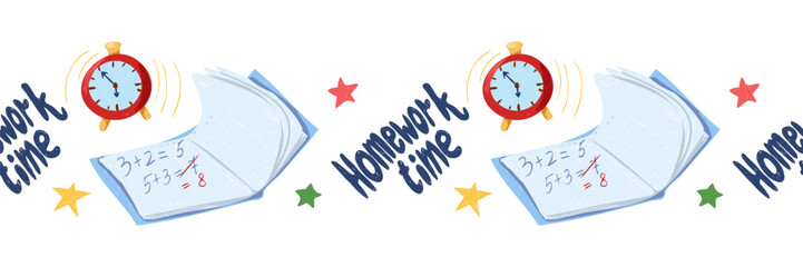 Seamless doodle border with workbook, alarm clock and lettering homework time. Hand drawn illustration for washi tape, adhesive tape, scrapbooking, journaling and stationery design
