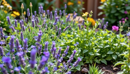 Fototapeta premium a backyard herb garden with lavender, lemon balm, and basil producing gentle aroma and soft textures creating peaceful tranquil relaxing outdoor atmosphere