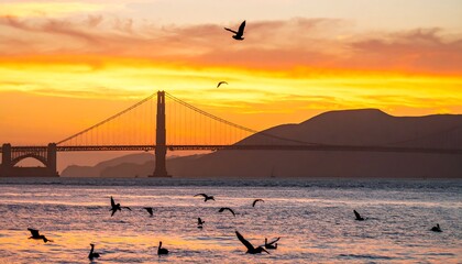 Golden Gate Bridge sunset with birds in flight