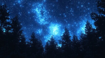 Starry night forest landscape; night sky, trees, cosmos; background image, nature, space, digital art