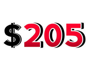 Bold red number $205 with a black dollar sign in a 3D style, featuring white and black outlines, creating a shadow effect on a white background.
