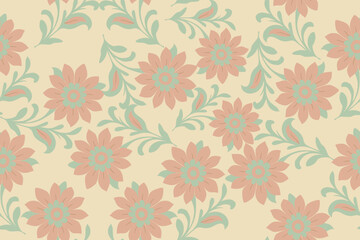 Elegant seamless floral pattern with pastel pink flowers and soft green leaves on beige background, perfect for fabric, wallpaper, and decoration.