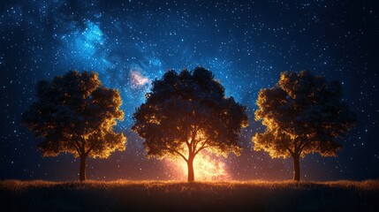 Naklejka premium Starry night, illuminated trees, field, nature, serene scene, digital art, for desktop background, wallpaper, poster design