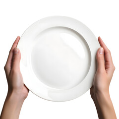 Empty White Plate Held by Hands on Isolated Background