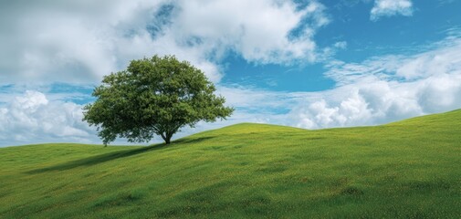 Fototapeta premium The Majestic Tree Standing Alone on a Lush Green Hill