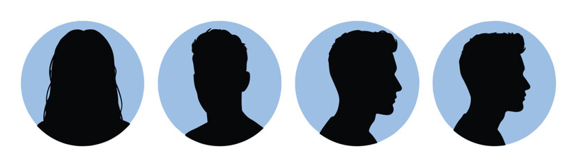 Four black silhouette icons of diverse people's heads and shoulders, including a woman and men, against light blue circular backgrounds.