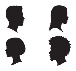 Four distinct side profile silhouettes of diverse individuals, showcasing different hairstyles and features.