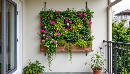 a vertical garden on a balcony wall with low flowering perennials, moss, and aromatic herbs producing soft textures and harmonious calming garden environment