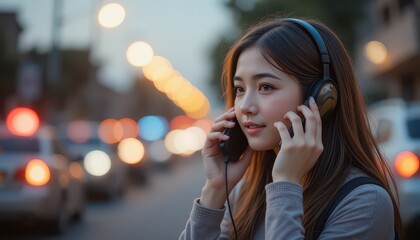 Portrait of a young woman with headphones on a city street at dusk with blurred lights in the background