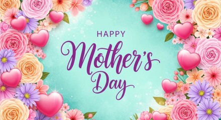 Floral Mother's Day: Roses, Hearts, and Purple Script on Teal Background