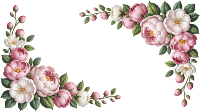 Floral corner frame with pink and white roses isolated on transparent background for decoration