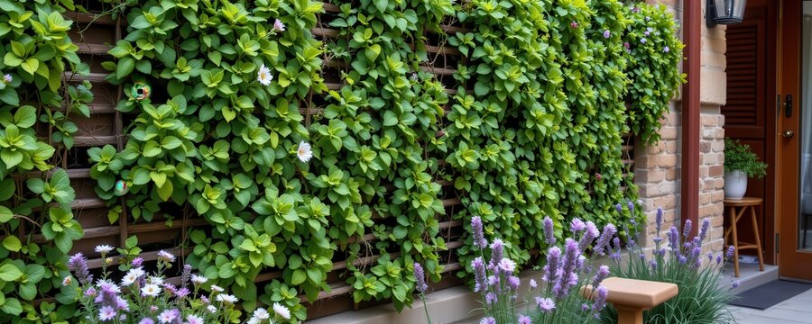 a vertical garden with creeping thyme, chamomile, and lavender producing aromatic fragrance and soft textures creating calm tranquil outdoor meditation area