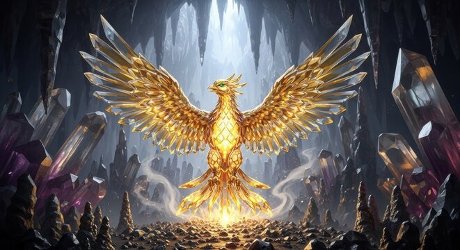 Majestic golden phoenix soaring through crystal cave, embodying rebirth and mythical power