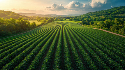 A verdant panorama, a symphony of nature's artistry, unfolds from a bird's-eye perspective. Generative AI, a marvel of technological advancement, paints a vibrant picture of a sprawling farm 