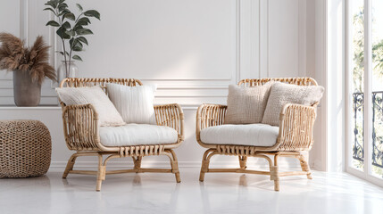 Pair of Rattan Armchairs with Plush Cushions in a Bright Room interior design home decor