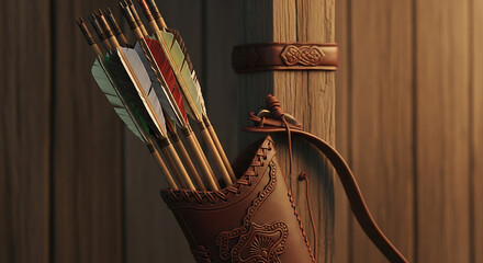 A quiver full of arrows with colorful fletching hanging on a wooden wall with a bow beside it ai generated