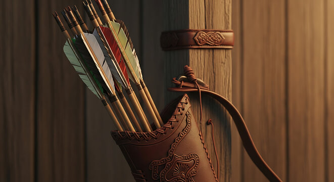 A quiver full of arrows with colorful fletching hanging on a wooden wall with a bow beside it ai generated