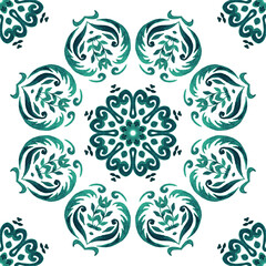 Watercolor blue damask hand drawn floral seamless pattern, tiling ornament. Persian abstract filigree drawn background.