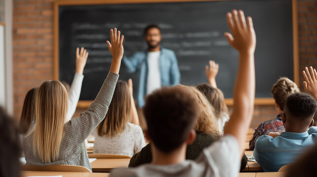 A classroom setting with students raising their hands, eager to participate in a lesson. The teacher stands in front of a blackboard, engaging with the class. The atmosphere is lively and educational.