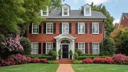 Obraz premium Red brick home exterior with white windows