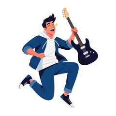 Energetic Melodic Groove: An illustration of a joyful individual, passionately immersed in playing a guitar, embodying the vibrancy of music. 