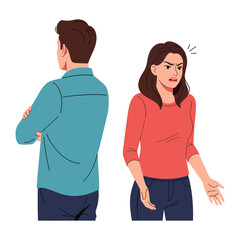 Conflict between relationship: A moment of tension and disagreement is vividly illustrated, with a woman's expressiveness and the man's disinterest.