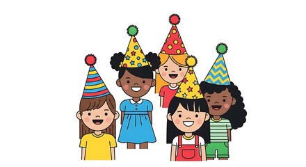 Group of happy children wearing party hats, smiling and celebrating.