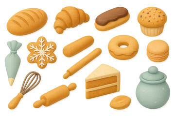 Cozy bakery collection in a semi-realistic 3D cartoon style: bread loaf, croissant, eclair, cupcake, donut, macaron, snowflake cookie, piping bag, whisk, rolling pins and jar