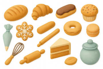 Cozy bakery collection in a semi-realistic 3D cartoon style: bread loaf, croissant, eclair, cupcake, donut, macaron, snowflake cookie, piping bag, whisk, rolling pins and jar