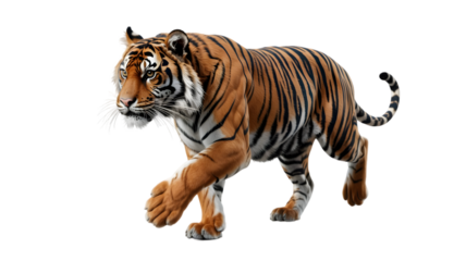Majestic tiger walking isolated on transparent background, showcasing its powerful presence and natural beauty